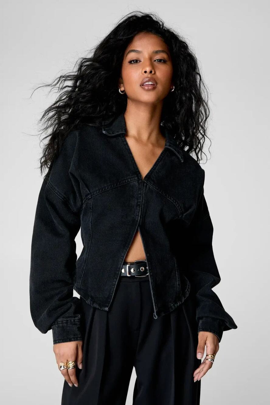 NWT Nasty Gal Denim Corset Shirt Jacket Womens 6 Washed Black Crop V-Neck Collar